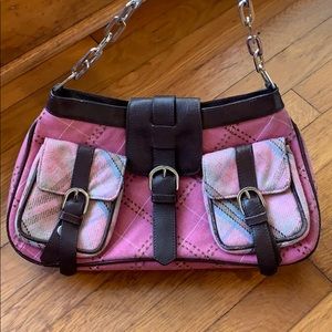 Vintage Putu brown leather/pink plaid fabric purse